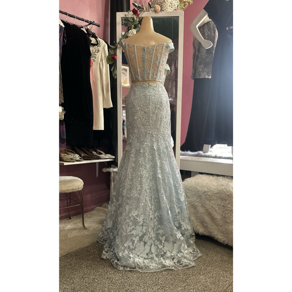 Ellie Wilde by Mon Cheri 2 pc Prom Dress Set Cropped Blue Lace Shimmer M - Picture 7 of 12